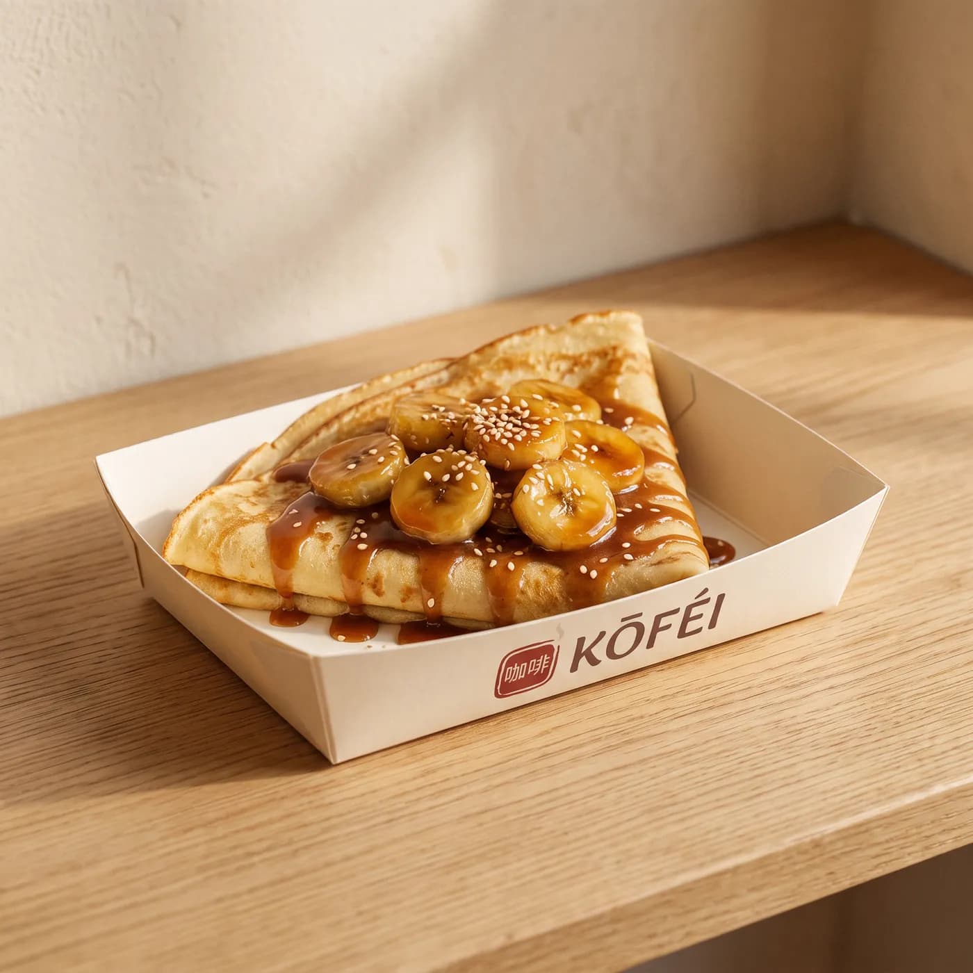 Brown Sugar Banana crêpe topped with caramelised banana, brown sugar sauce and sesame in a paper tray