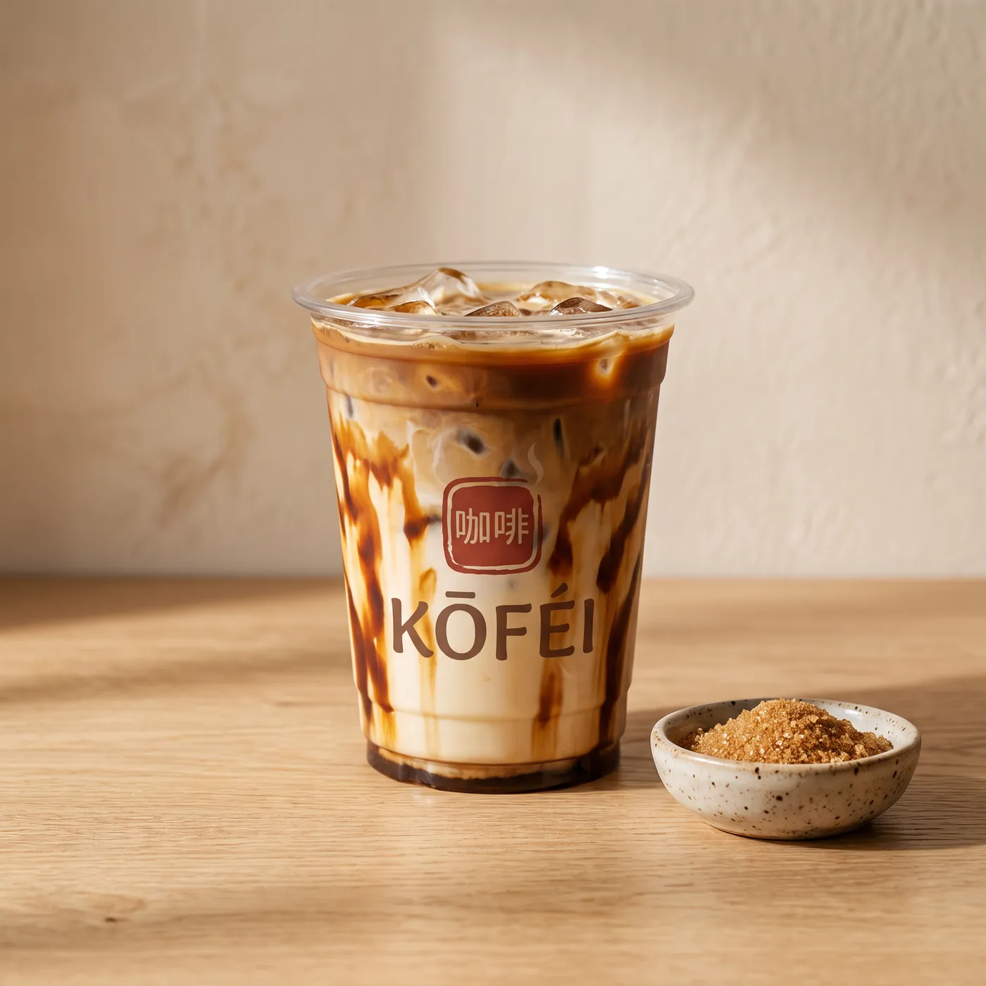 Iced brown sugar latte with dark syrup streaks down the cup, a dish of brown sugar beside it