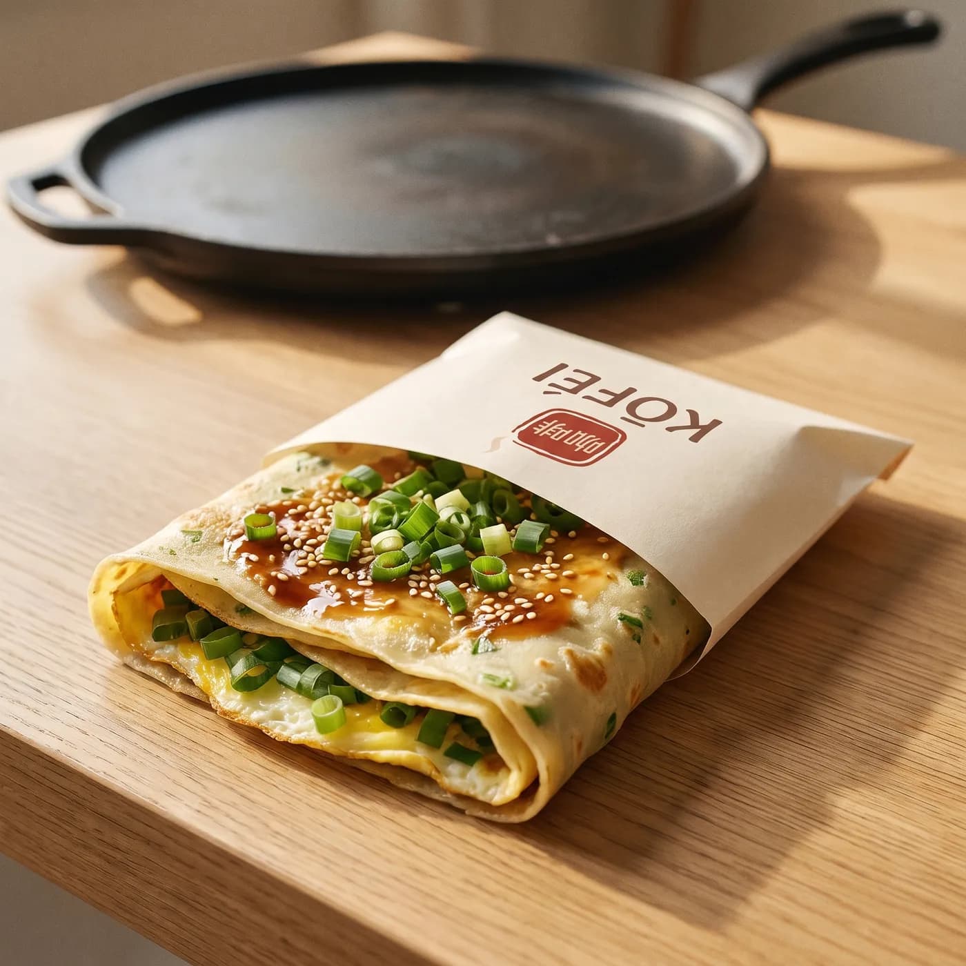 Egg & Scallion crêpe brushed with sauce and topped with scallions and sesame, half in a paper sleeve