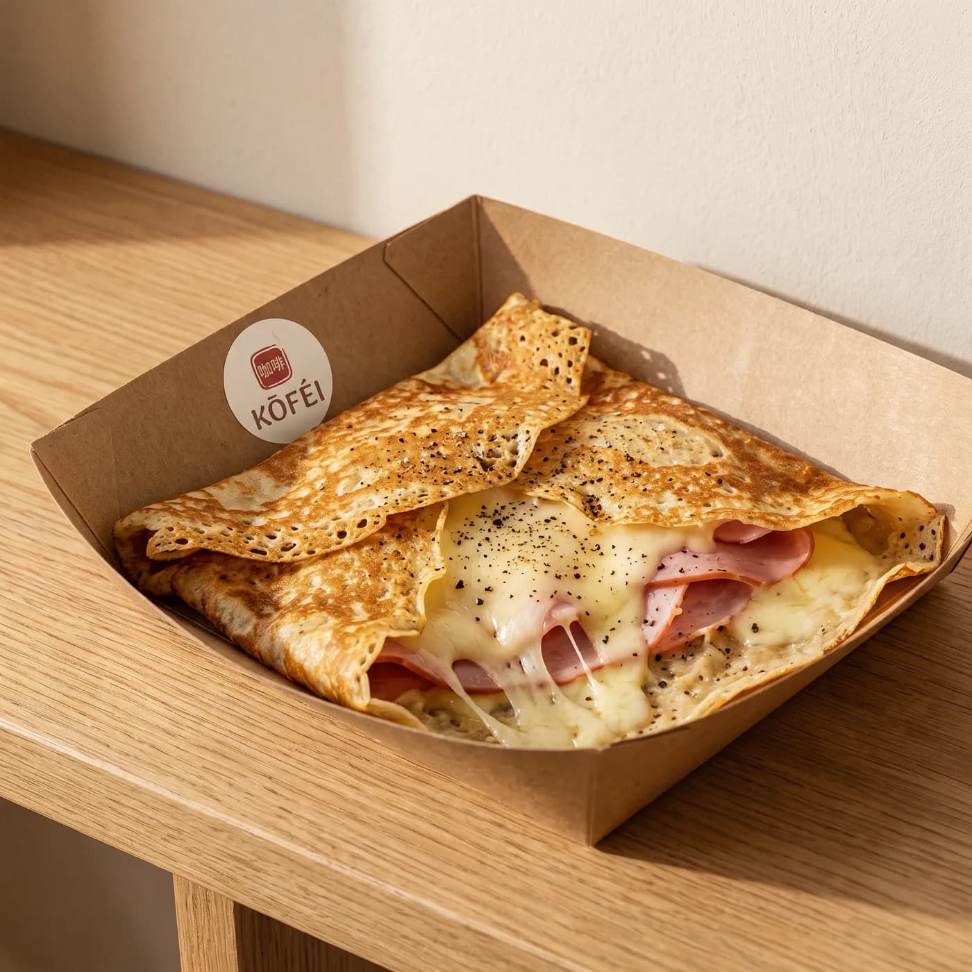 Ham & Cheese crêpe, golden and lacy, with melted cheese and ham in a kraft tray