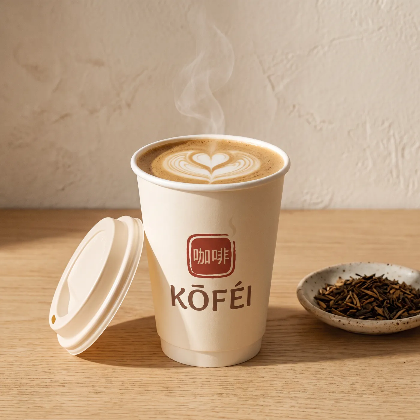 Hot hojicha latte with heart latte art in a paper cup, roasted tea leaves in a dish beside it