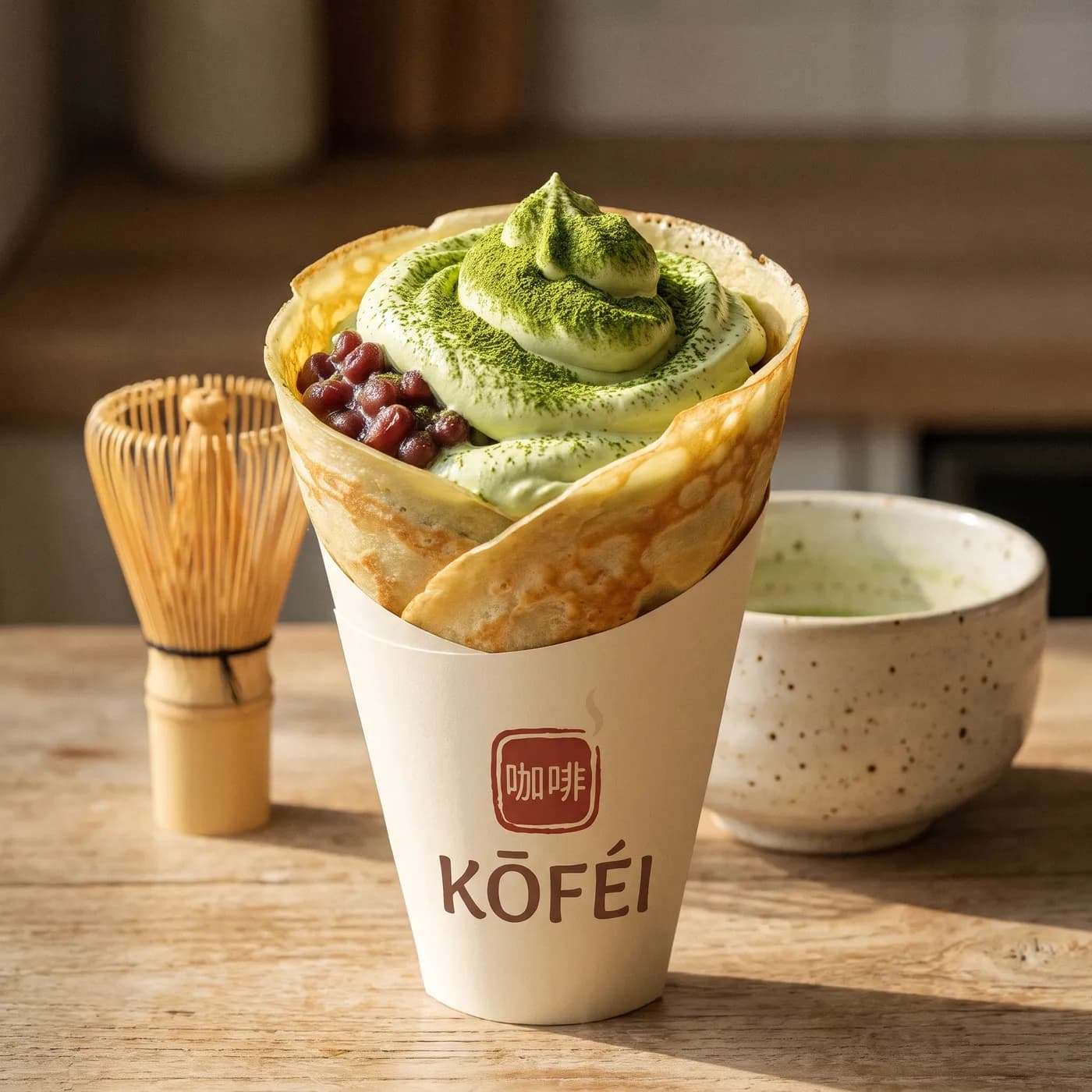 Matcha Cream crêpe with swirled matcha cream and red beans, a bamboo whisk beside it