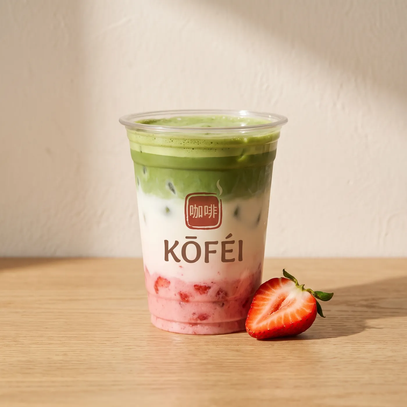 Strawberry matcha latte in three layers: green matcha, milk and pink strawberry, with a halved strawberry