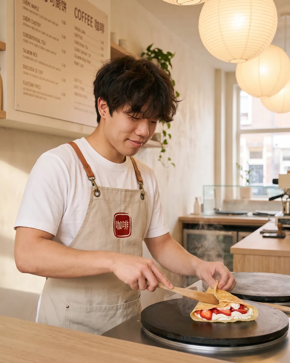 A young barista in a linen apron folding a strawberry crêpe on a round griddle with a wooden spatula