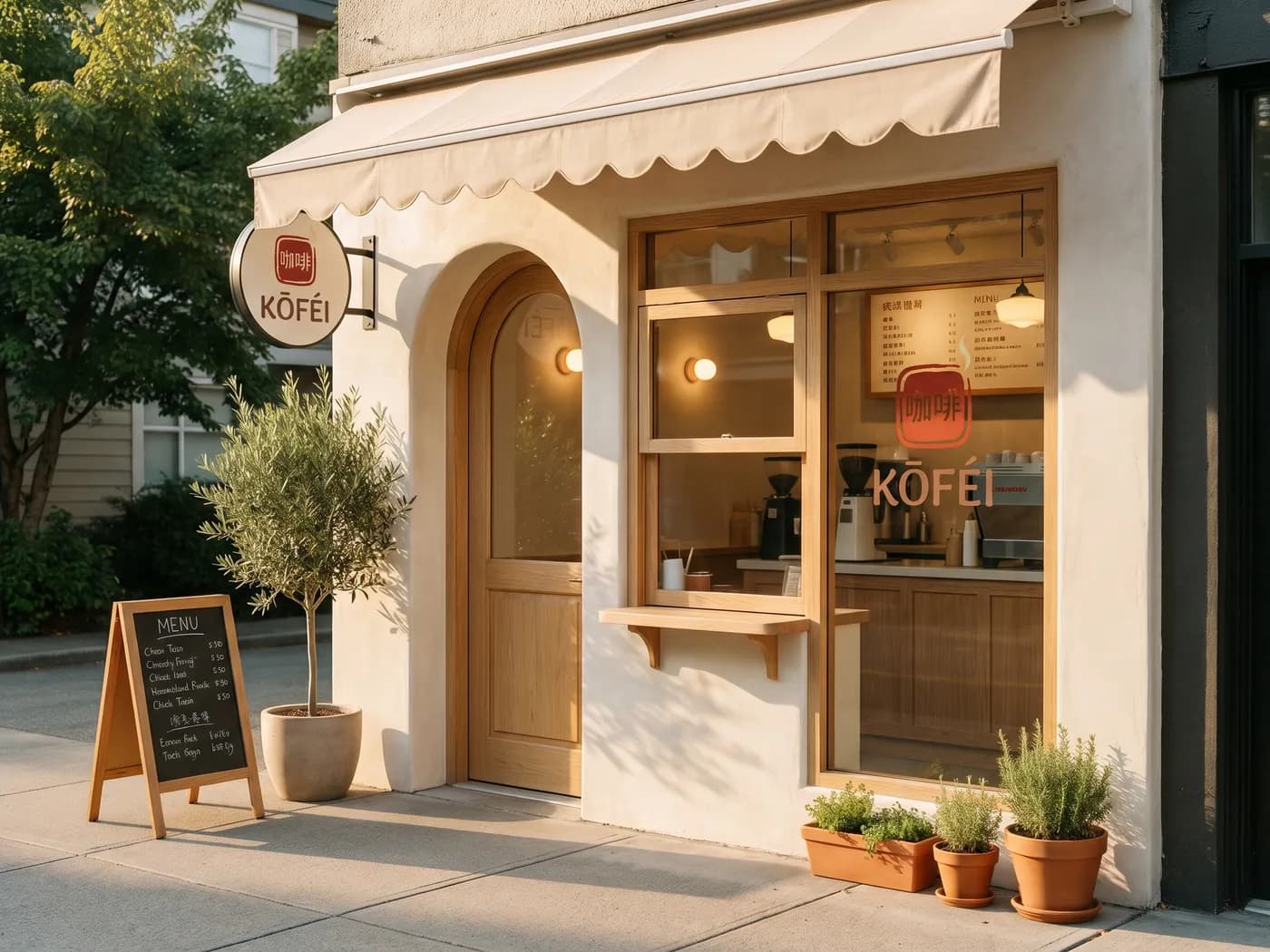 The KŌFÉI storefront in evening light: a scalloped cream awning, arched wooden door, pickup window and potted herbs